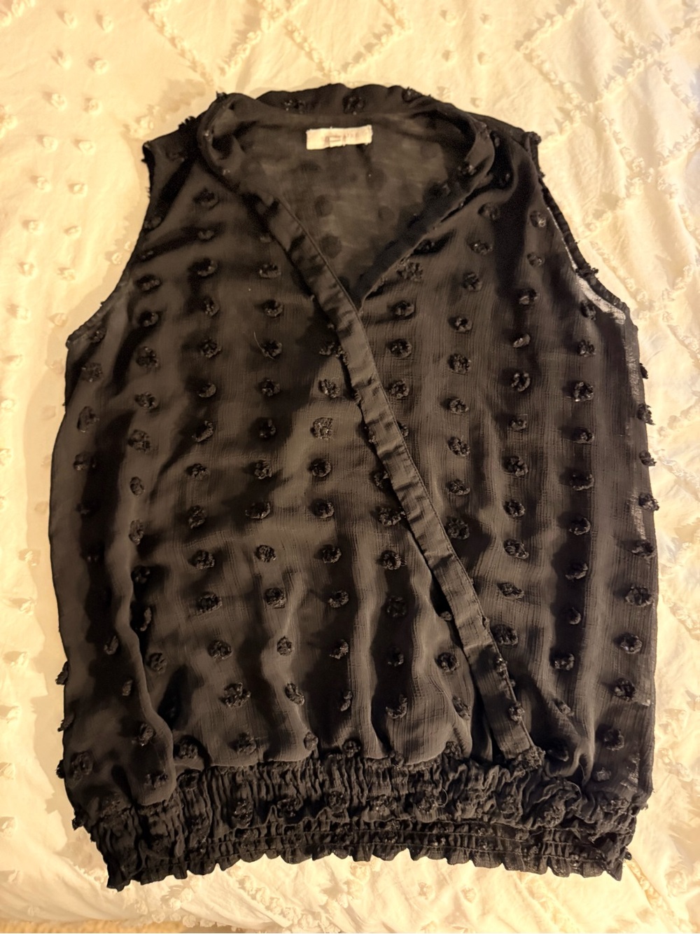 Black Sleeveless Textured Wrap-Front Top
